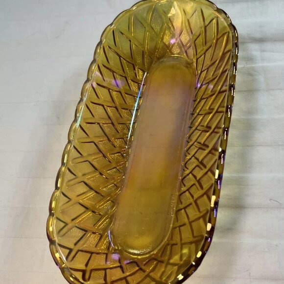 VTG MARIGOLD CARNIVAL GLASS LONG OVAL DISH IRIDESCENT GOLD AMBER Read Descriptio - Picture 2 of 9
